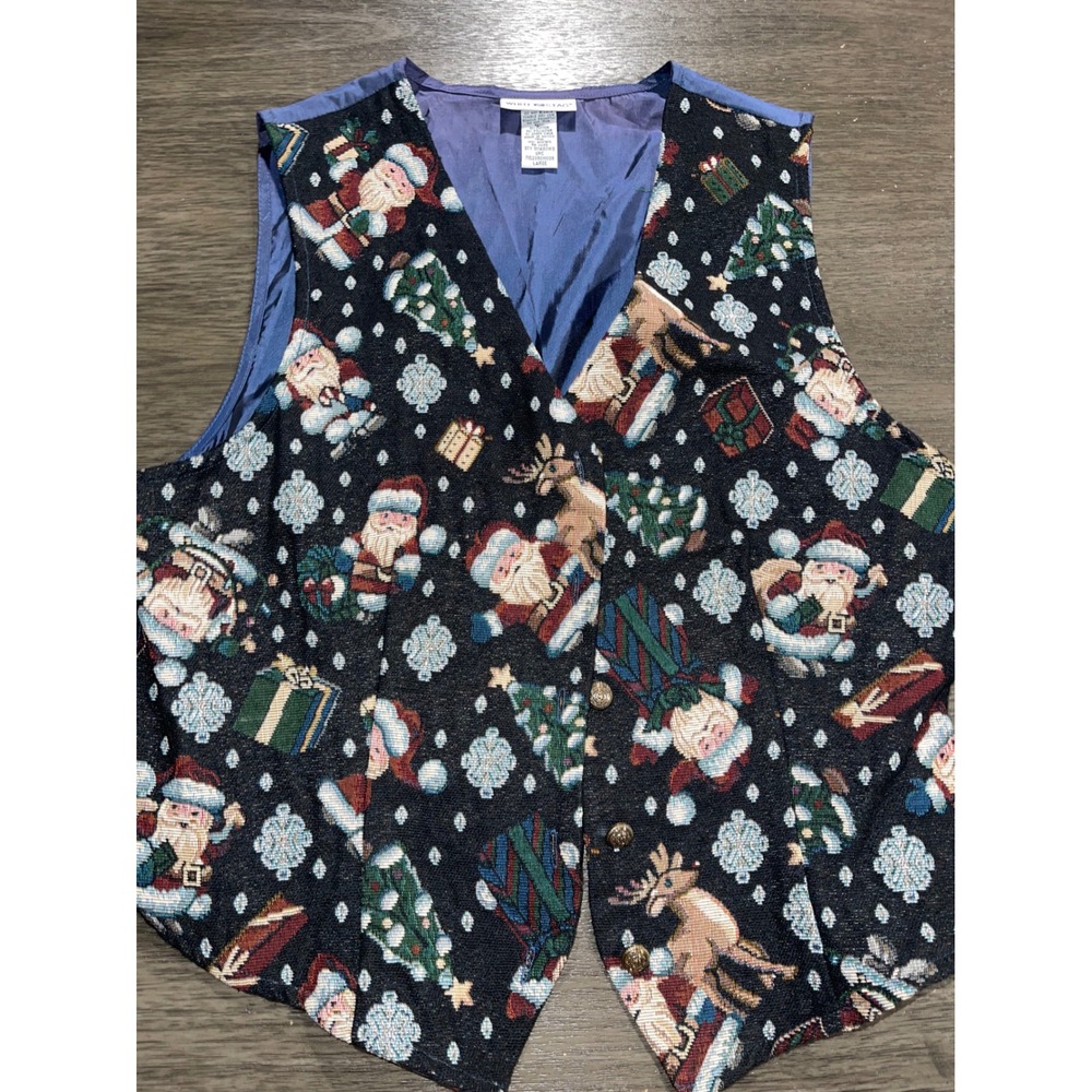 White Stag Women Size Large Blue Christmas Vest Tapestry Santa Reindeer Vintage